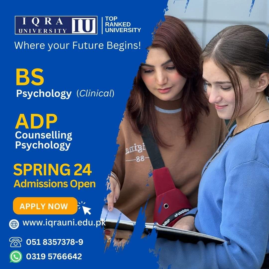 𝐀𝐝𝐦𝐢𝐬𝐬𝐢𝐨𝐧 𝐎𝐩𝐞𝐧: Enroll now for 𝗦𝗽𝗿𝗶𝗻𝗴 𝟮𝟬𝟮𝟰 𝗮𝗱𝗺𝗶𝘀𝘀𝗶𝗼𝗻𝘀 and discover the ideal degree to align with your career aspirations.
Apply online: iqrauni.edu.pk 
More info: 051 8357378-9, 051 2321101
WhatsApp: 0319 5766642