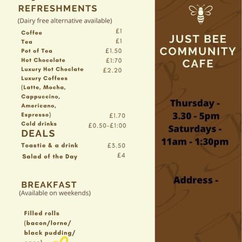Cafe open today 

 ⏰ 11am -3pm

 🥣 Free kids breakfast 

 🍳 Full breakfast and lunch menu available

📍Just Bee , 118 Nethergate DD1 4EH (side entrance)