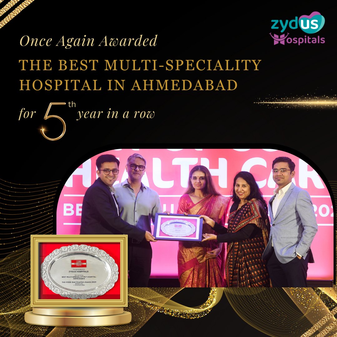 #Honored to receive the Best #Multi-#Specialty #Hospital in #Ahmedabad award from Hansa and The #Week for the 5th #consecutive year. Thanks to our dedicated staff and your trust in #Zydus Hospitals. #Grateful for the #accolades!