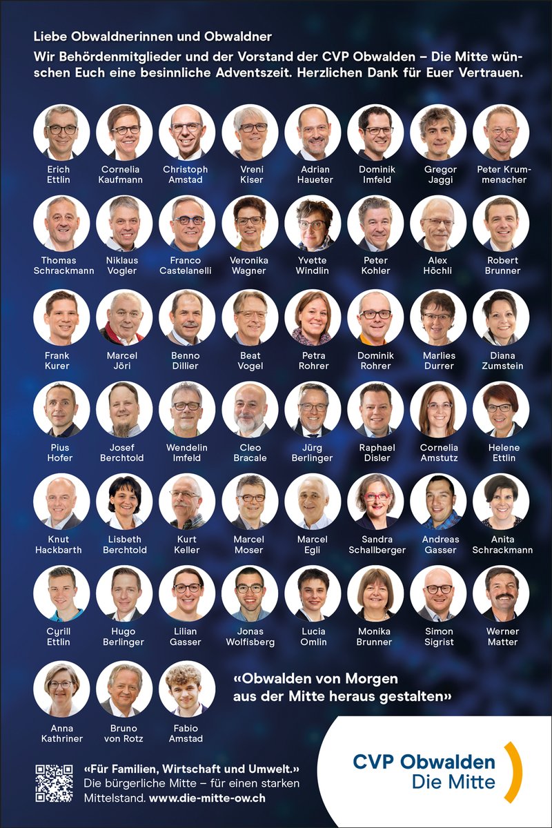 Liebe Obwaldnerinnen und Obwaldner
Die Behördenmitglieder und der Vorstand der CVP Obwalden – Die Mitte wünschen Euch eine besinnliche Adventszeit.
Herzlichen Dank für Euer Vertrauen.

#Obwalden #Alpnach #Engelberg #Giswil #Lungern #Kerns #Sachseln #Sarnen #Advent #Politik