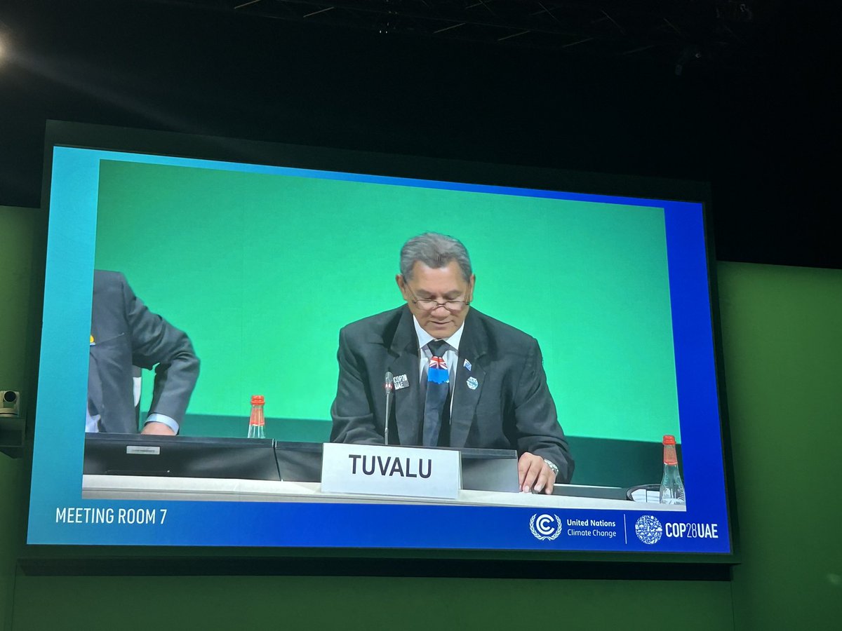 “This COP28 must deliver a decision to phase out fossil fuels. We cannot sit back while our nation sinks” strong and clear statement from Tuvalu at High Level Party event on Fossil Fuel Non-Proliferation Treaty. @fossiltreaty