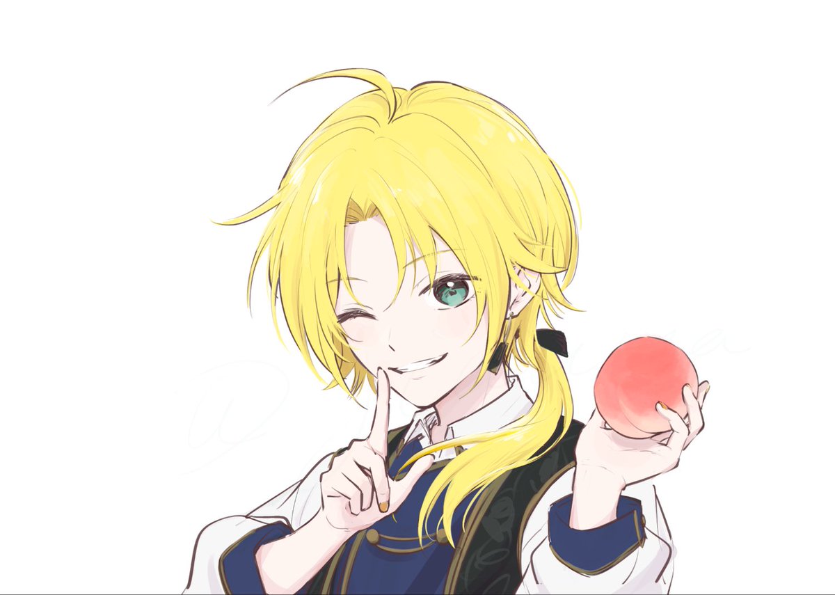 one eye closed 1boy blonde hair male focus fruit food solo  illustration images