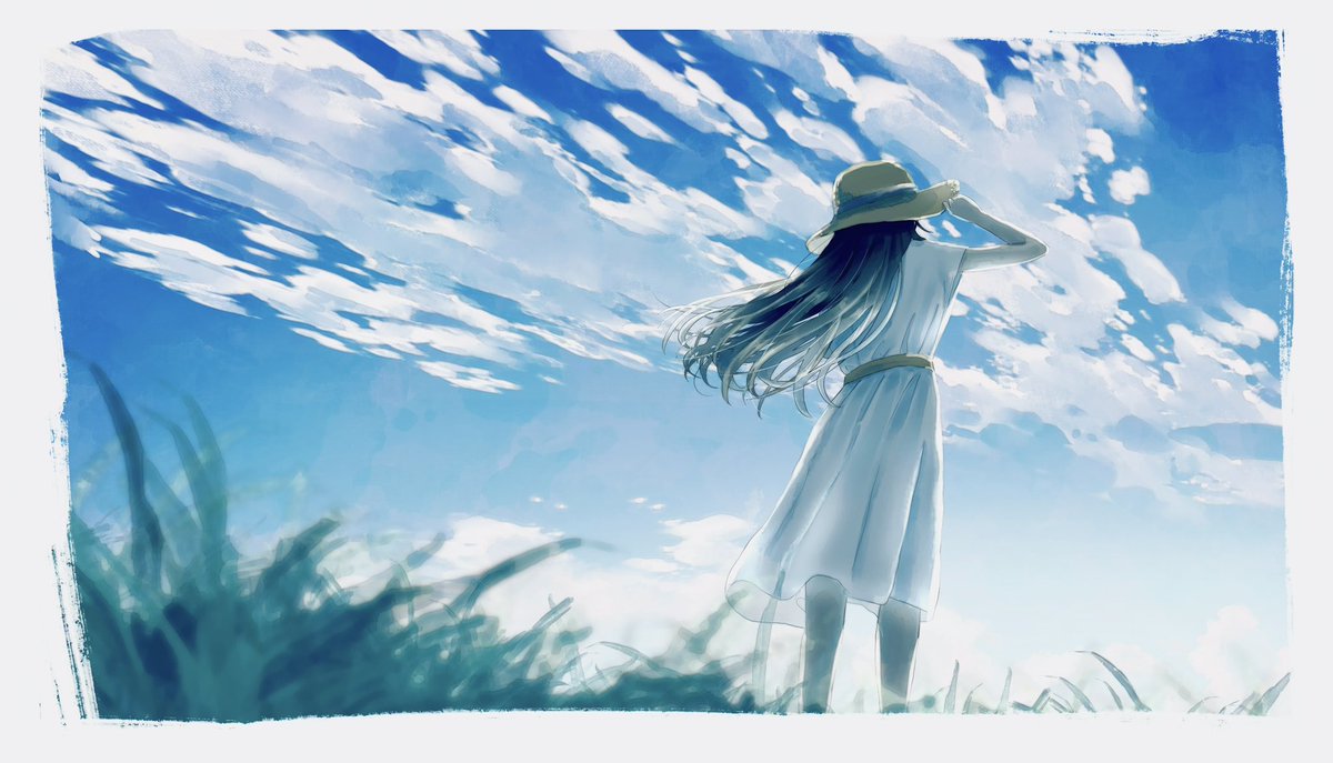 1girl dress solo long hair hat sky cloud  illustration images