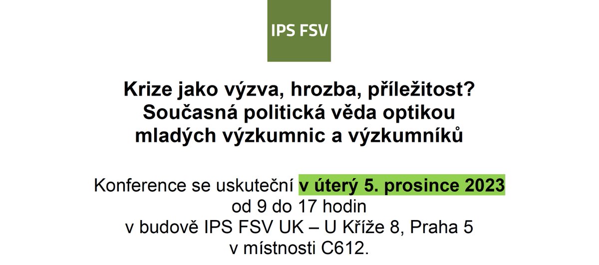 ales_michal's tweet image. Na @IPS_FSV_CUNI zvedáme hozenou rukavici a propojujeme českou doktorandskou komunitu! Už v úterý se v novém, moderním kampusu v Jinonicích uskuteční konference věnovaná vědecké reflexi současných krizí. Čekají nás 4 skvělé panely a #keynotespeech světové vědecké úrovně!