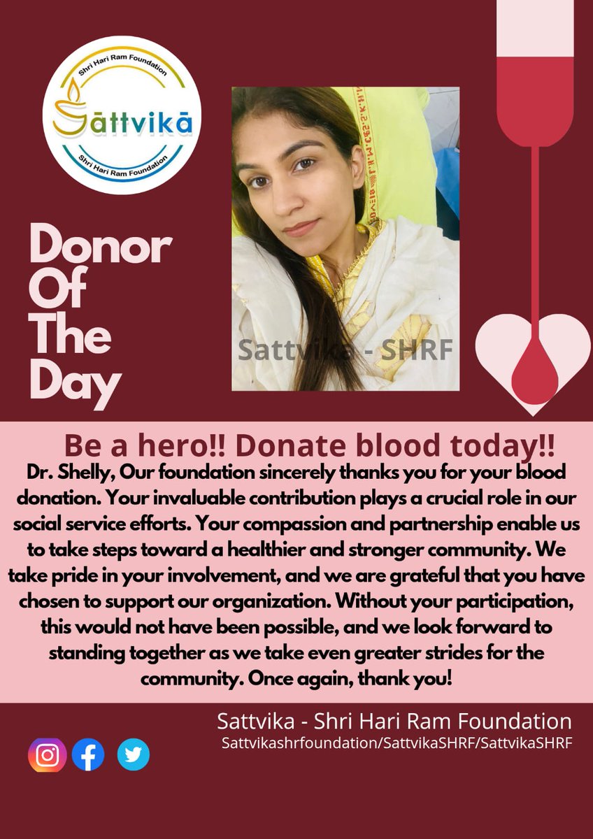 SattvikaSHRF's tweet photo. In a world where you can be anything, you choose to be a lifesaver. Thank you for your remarkable gift of blood and hope 🌼.
#donateblood #savelives #actofkidness #donatingblood  #savingsomeonelife #everydropcounts #someoneneedyourblood #blooddonation #giveblood #sattvikashrf https://t.co/P932cPpsoe
