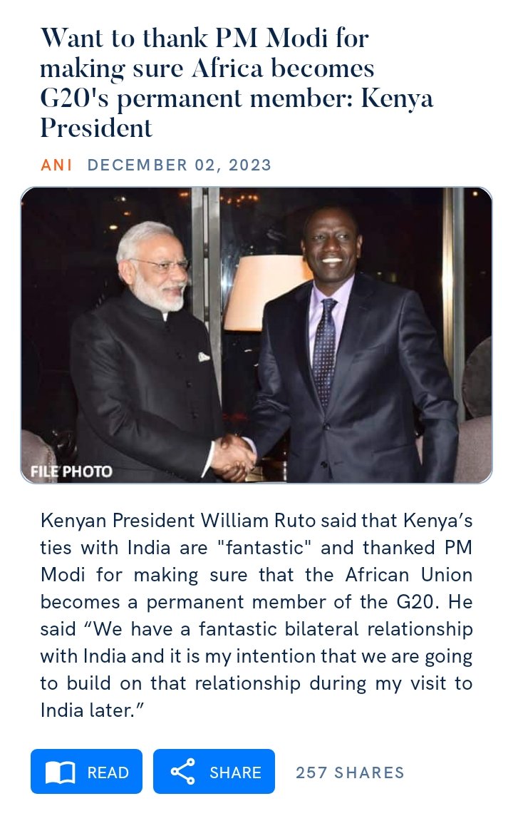 tridib_bordoloi's tweet image. Want to thank PM Modi for making sure Africa becomes G20's permanent member: Kenya President
aninews.in/news/world/mid…

#Africa #G20 #permanentMember