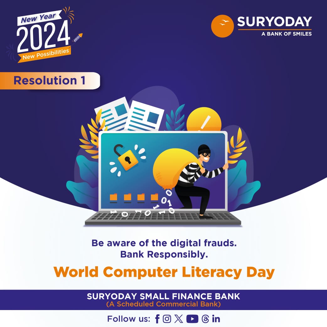 SuryodayBank's tweet image. Let’s begin the countdown to the new year with few early 'resolutions'. 
We hope you bank safely and stay vigilant against online fraud. 

#startearly #worldcomputerliteracyday #digitalfrauds #newyear #resolutions #bankofsmiles #suryodaybank