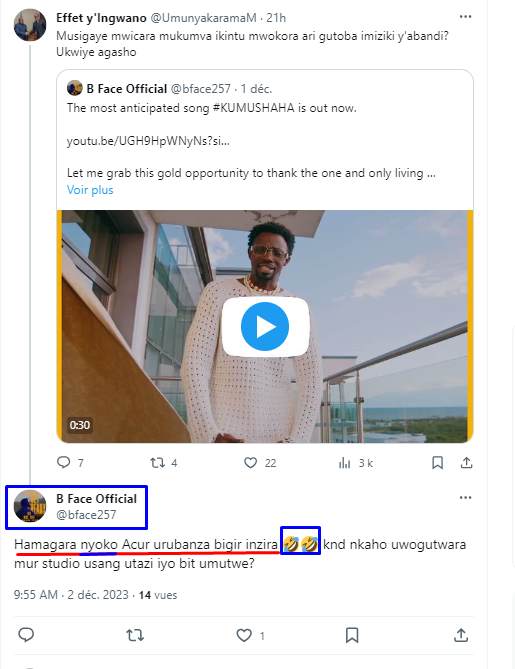 Baconib's tweet photo. @UmunyakaramaM je ne sais pas si votre réaction découle simplement de méchanceté gratuite ou de naïveté (méconnaissance)...

#Bface n'est pas le premier à réaliser un #Remix (#Remake) ou une #Reprise (#Cover) et ce n'est pas sa première, il en a fait avec d'autres artistes ...

Les exemples sont nombreux (liste non exhaustive) :

(1) @KibidoKidum - #I_nyagasambu (remix)
(2) @bigfizzo1 - #Munyana (#remix)
(3) @bigfizzo1 - #Amabaruwa (#remix) ft Cox
(4) Big Fizzo - #Baza (#remix) ft @iamkomboz, R Flow
(5) Trey Zo & Rappy Boy - #Yooh (#remix) ft Double Jay, Kirikou Akili and Dj Philbyte
(6) #Hakuna_Matata (#remix) - R Flow ft B Face, @MowKanzie, Drama T, Trey Zo, Rappy Boy

(7) LinoG - #Legend (#cover) by K-megi
(8) LinoG - #Legend (#remix) ft B-Face , Drama-T, El Pro & @Dj_Philbyte 

On revisite une chanson qu'on affectionne, et si l'auteur ou les ayants-droit donnent leur accord, c'est tout à fait légitime. Je ne comprends donc pas votre acharnement contre @bface257.

En tant que personnalité publique, il est important de choisir avec soin les réponses publiques, à moins que ce ne soit délibéré dans ta stratégie de communication pour stimuler les "views" & "likes".

Sinon, faites attention à l'image que tu véhicules.

Quoiqu'il en soit, j'ai aimé votre remix #BFace, bravo !