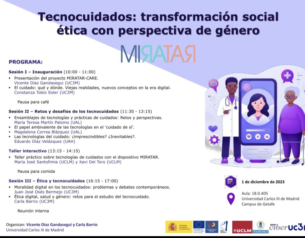 Ayer celebramos el #workshop  en #Tecnología para cuidarnos desde una perspectiva sociológica en la <a href="/uc3m/">UC3M</a>, organizado por los #sociologos investigadores  de nuestro proyecto Vicente Díaz y Carla Barrio