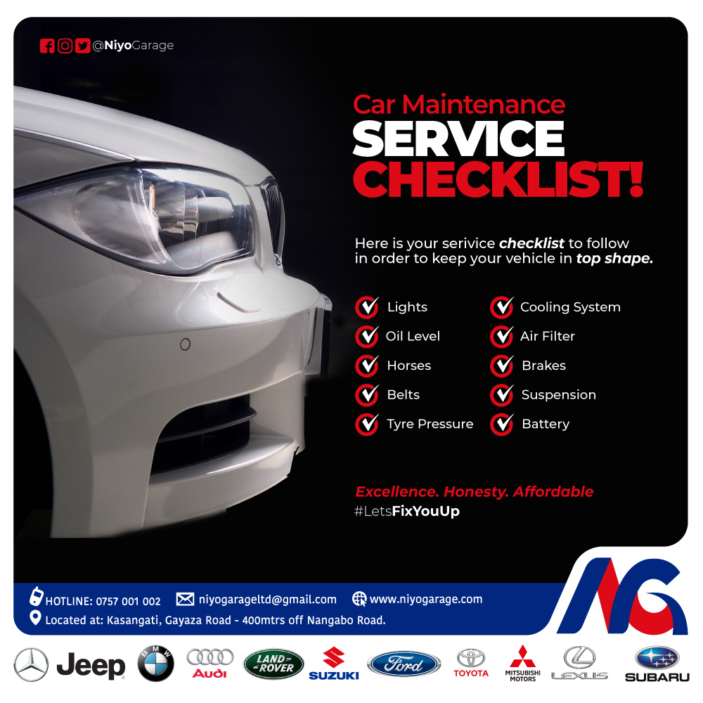 NiyoGarage's tweet photo. Here are some of the #carservice checkpoints that you shouldn't miss out on whenever you make a trip to the garage.ππ For further assistance, #CallOrWhatsapp 0757001002 / 0776 202 785. #byonatujabimala #FixYouUp #niyogarage. https://t.co/Ixr7mgQ7Yr