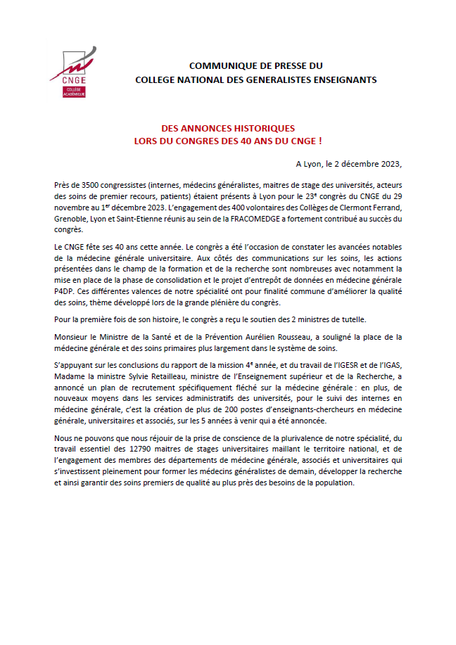 Communiqué de presse du <a href="/CNGE_France/">CNGE</a> "Des annonces historiques lors du congrès des 40 ans du CNGE !" <a href="/Sante_Gouv/">Ministère de la Santé</a> <a href="/sup_recherche/">Ministère Enseignement supérieur/Recherche/Espace</a> <a href="/aur_rousseau/">Aurélien Rousseau</a> <a href="/sretailleau/">Sylvie Retailleau</a>