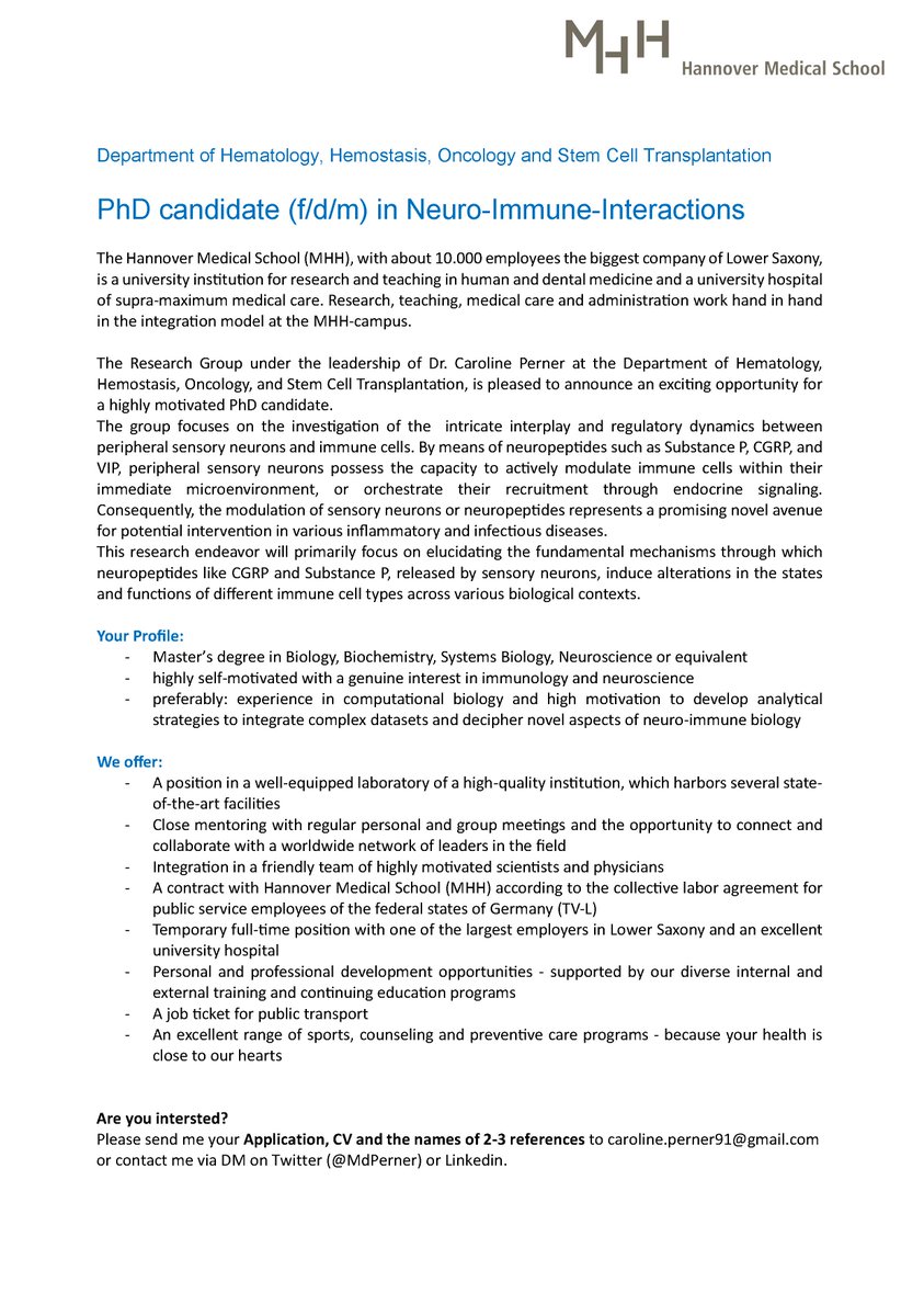 We are #HiringNow !!! 
Are you interested in deciphering the interplay of sensory #neurons and immune cells? We are offering a #PhDposition in the field of #immunology and #neuroscience at the @MHH_life. 
@IntellectualMap @EKFStiftung @TRNiBLOOD