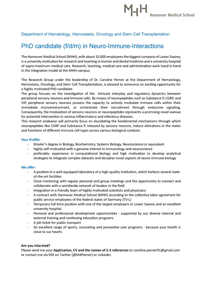 Dr. med. Caroline Perner (@mdperner) on Twitter photo We are #HiringNow !!!
Are you interested in deciphering the interplay of sensory #neurons and immune cells? We are offering a #PhDposition in the field of #immunology and #neuroscience at the @MHH_life.
<a href="/IntellectualMap/">Research Opportunities</a> <a href="/EKFStiftung/">Else Kröner-Fresenius-Stiftung</a> <a href="/TRNiBLOOD/">iBLOOD</a> We are #HiringNow !!!
Are you interested in deciphering the interplay of sensory #neurons and immune cells? We are offering a #PhDposition in the field of #immunology and #neuroscience at the @MHH_life.
<a href="/IntellectualMap/">Research Opportunities</a> <a href="/EKFStiftung/">Else Kröner-Fresenius-Stiftung</a> <a href="/TRNiBLOOD/">iBLOOD</a>