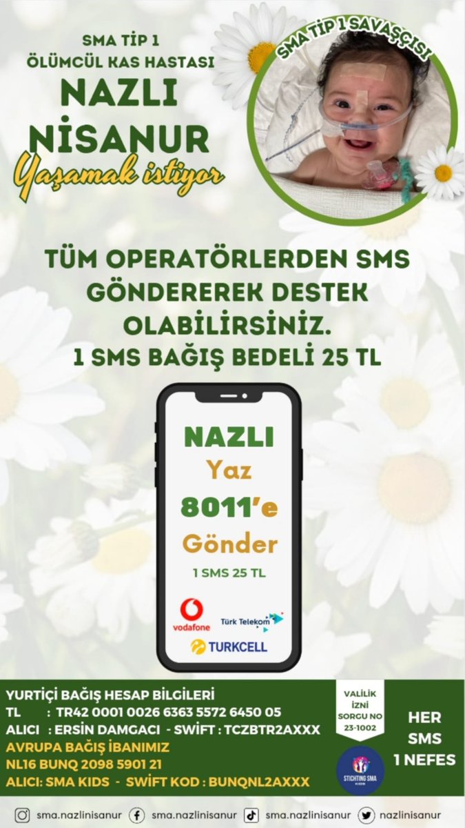 1 SMS ile nazlı Nisanu'ra nefes olabilirsiniz Bugün 3 arkadaşınızın telefonundan SMS kampanyamıza destek olmanız ve bize ekran resmi atmanızı istiyoruz. 1 SMS: 25 TL 🌼 #UzmanÇavuş #YaliÇapkini #SeyFer Filistin Zabıta #kizilcikşerbeti #CanGürzap #غزة_الآن #akademikzam