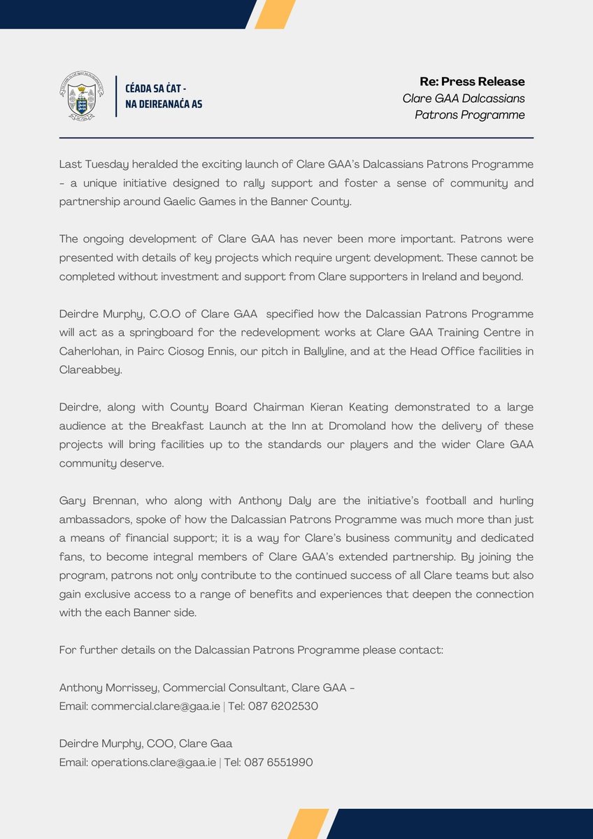GaaClare's tweet photo. On Tuesday morning last Clare GAA launched the Dalcassian Patrons Programme - a support initiative for the redevelopment of Clare GAA facilities. Members will gain exclusive access to a range of benefits and experiences with Clare’s flagship sides. https://t.co/G8iOqitApU
