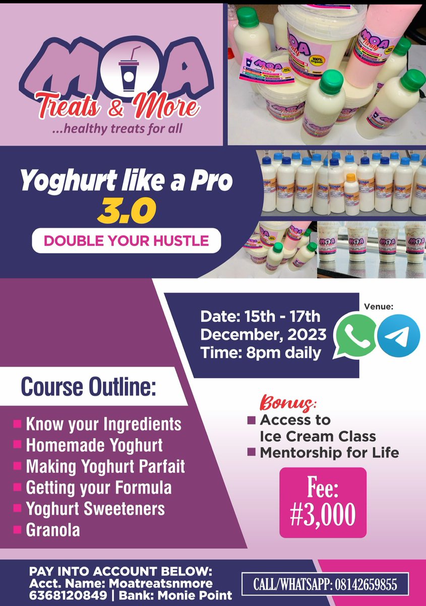 Moatreatsnmore's tweet photo. Do you wish to learn how make homemade yoghurt?
Which you can turn into business or for your consumption!
Then the class is for you. 3,000 naira only
@peng_writer @HarbeekheBeekhe @_theladymo @HafeezAkanni_ @AbeniAde_ @brainadam_ @Aheesha_x https://t.co/918CGHJQek