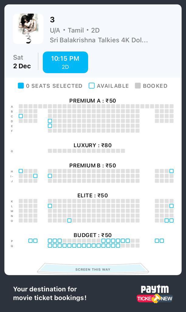 Very few seats left for #Moonu #3film at your favourite <a href="/SBKTalkies/">RAMAIAH (A.S.K.R.D)</a> rush up makkale book ur tickets let’s vibe to night with <a href="/dhanushkraja/">Dhanush</a> lyrics <a href="/anirudhofficial/">Anirudh Ravichander</a> songs and bgm 
#moonurerelease #moonuatsbkt <a href="/ash_rajinikanth/">Aishwarya Rajinikanth</a> <a href="/wunderbarfilms/">Wunderbar Films</a> <a href="/ThoothukudiD/">THOOTHUKUDI DFC</a>