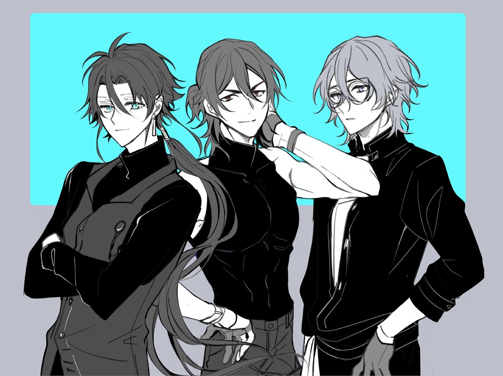 3boys male focus multiple boys gloves glasses crossed arms long hair  illustration images