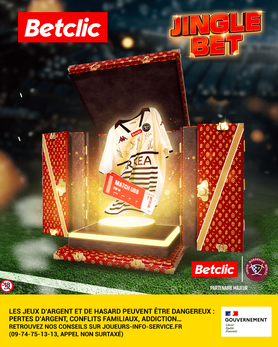Betclic's tweet photo. 🎄🎅 Un magnifique pack spécial UBB aujourd'hui dans le calendrier #JingleBet !

2 x 2 places VIP + 1 maillot dédicacé de l'UBB à gagner 🔥

RT + #JingleBet pour participer 👌 https://t.co/4A7VSVogfS