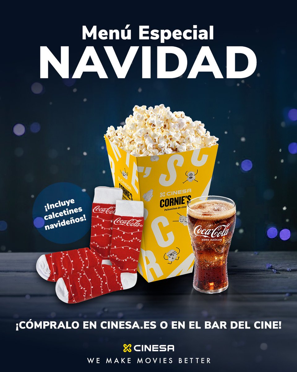 Cinesa's tweet image. Estas navidades ¡celébralas con Cinesa!
Ya puedes comprar este menú tanto en la web, app como en el bar 🎅

El menú se compone de palomitas grandes con refresco grande y calcetines navideños.🧦

#Cinesa #NavidadEnCinesa #MenuNavidad
