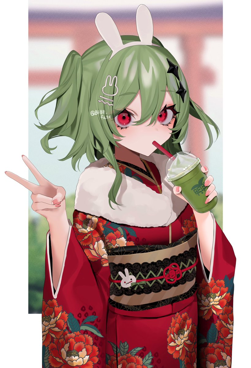 1girl japanese clothes green hair stuffed toy kimono stuffed animal red eyes  illustration images
