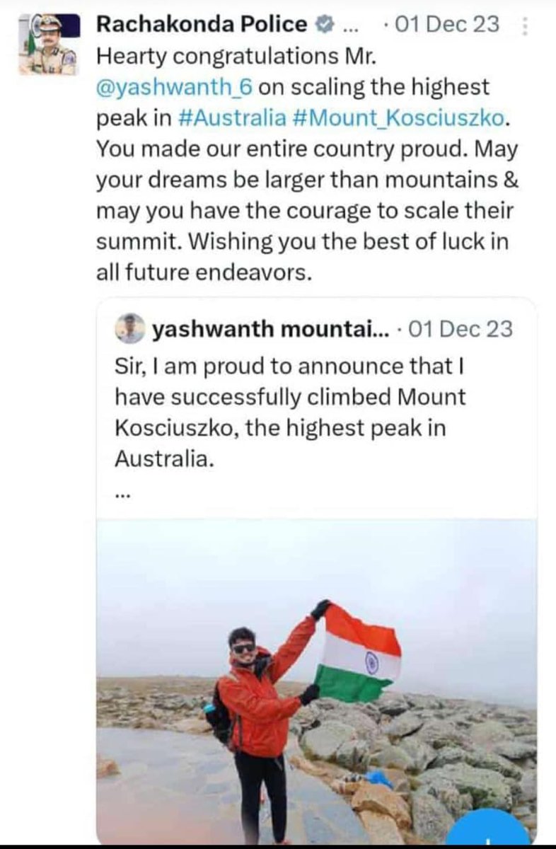 Rachakonda CP congratulates Telangana young mountaineer. Photo display of Rachakonda CP with national flag on Mt Koshiasco. Rachakonda Commissioner DS Chauhan IPS congratulated Telangana youth mountaineer Bhukya Yashwant who recently climbed Australia's highest mountain