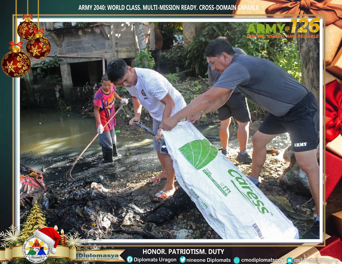 Nine1Diplomats's tweet photo. TINGNAN || 91ST CIVIL-MILITARY OPERATIONS (DIPLOMATS) COMPANY, 9CMOBN, CMOR, PA, NAKIISA SA ISINAGAWANG CLEAN-UP DRIVE SA CONCEPCION PEQUEŃA, NAGA CITY.

#AFPyoucanTRUST
#YourPhilippineArmy
#stongerarmystrongercountry
#KaagapayNgMgaBikolano https://t.co/egh8mg5ms5