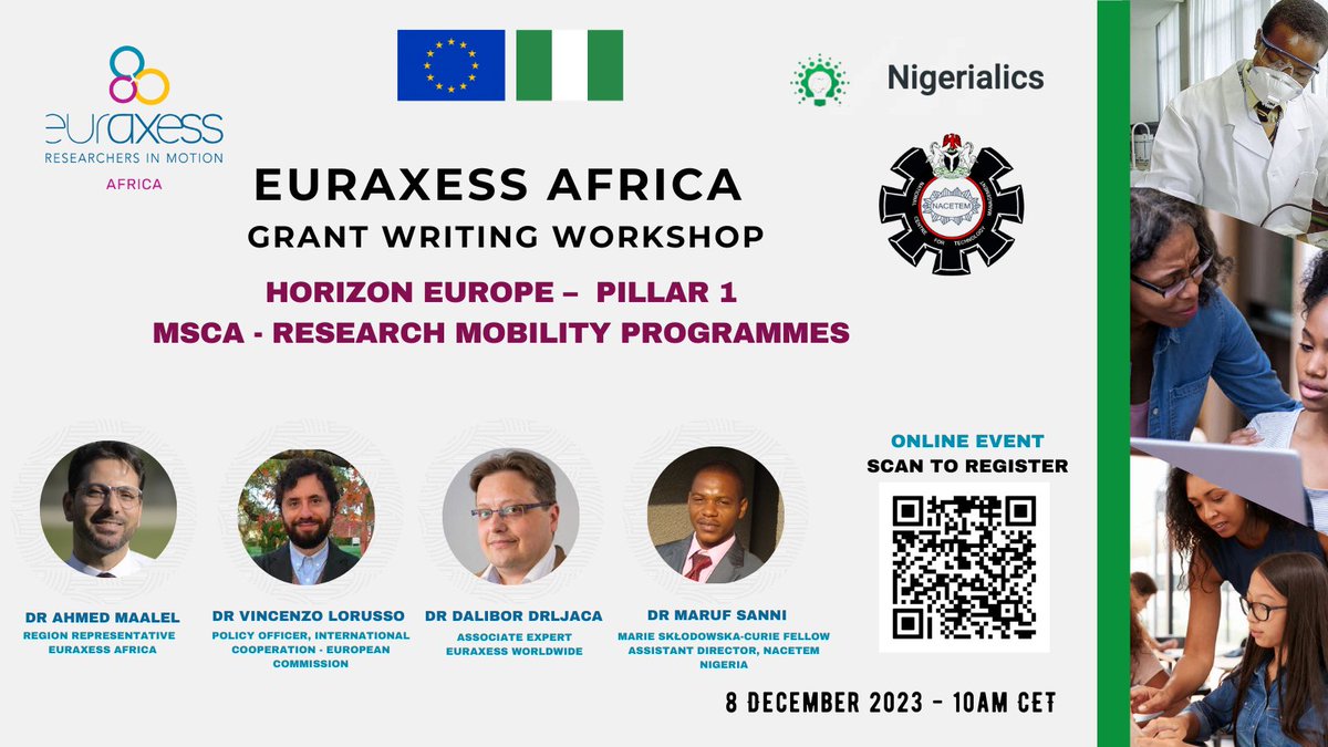 EURAXESSAfrica's tweet photo. #SaveTheDate ❗️
🎯𝗘𝗨𝗥𝗔𝗫𝗘𝗦𝗦 𝗔𝗳𝗿𝗶𝗰𝗮 𝗚𝗿𝗮𝗻𝘁 𝗪𝗿𝗶𝘁𝗶𝗻𝗴 ����𝗼𝗿𝗸𝘀𝗵𝗼𝗽 𝗳𝗼𝗿 𝗠𝗦𝗖𝗔 🌍🤝🇳🇬🌍
🗓8 December 2023 🕔 10am CET

👉Register Now : 
https://t.co/PXI4Z6oECK

#EUAfrica #EUNigeria #MSCActions  #Mobility #Research #Innovation #HorizonEU # https://t.co/MOuAkNq3o5