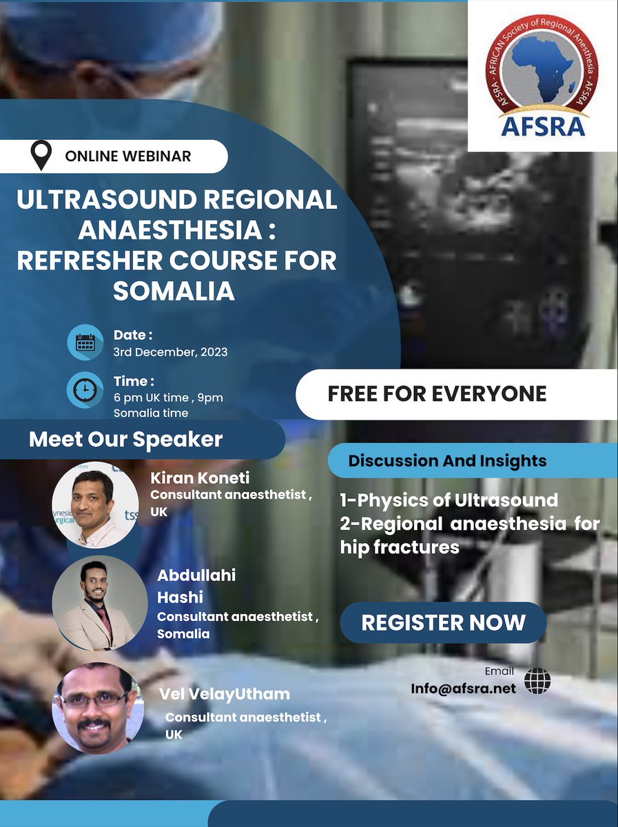 Join us tomorrow for another Webinar from #Mogadishu with <a href="/AbdulahiSaidHa1/">Abdullahi Said Hashi. MD</a> and a refresher course by <a href="/paindrkoneti/">kiran koneti</a> and <a href="/VVela/">Vel</a>  
6 pm UK time , 9 pm Somalia time 
For registeration : 
us02web.zoom.us/webinar/regist…
