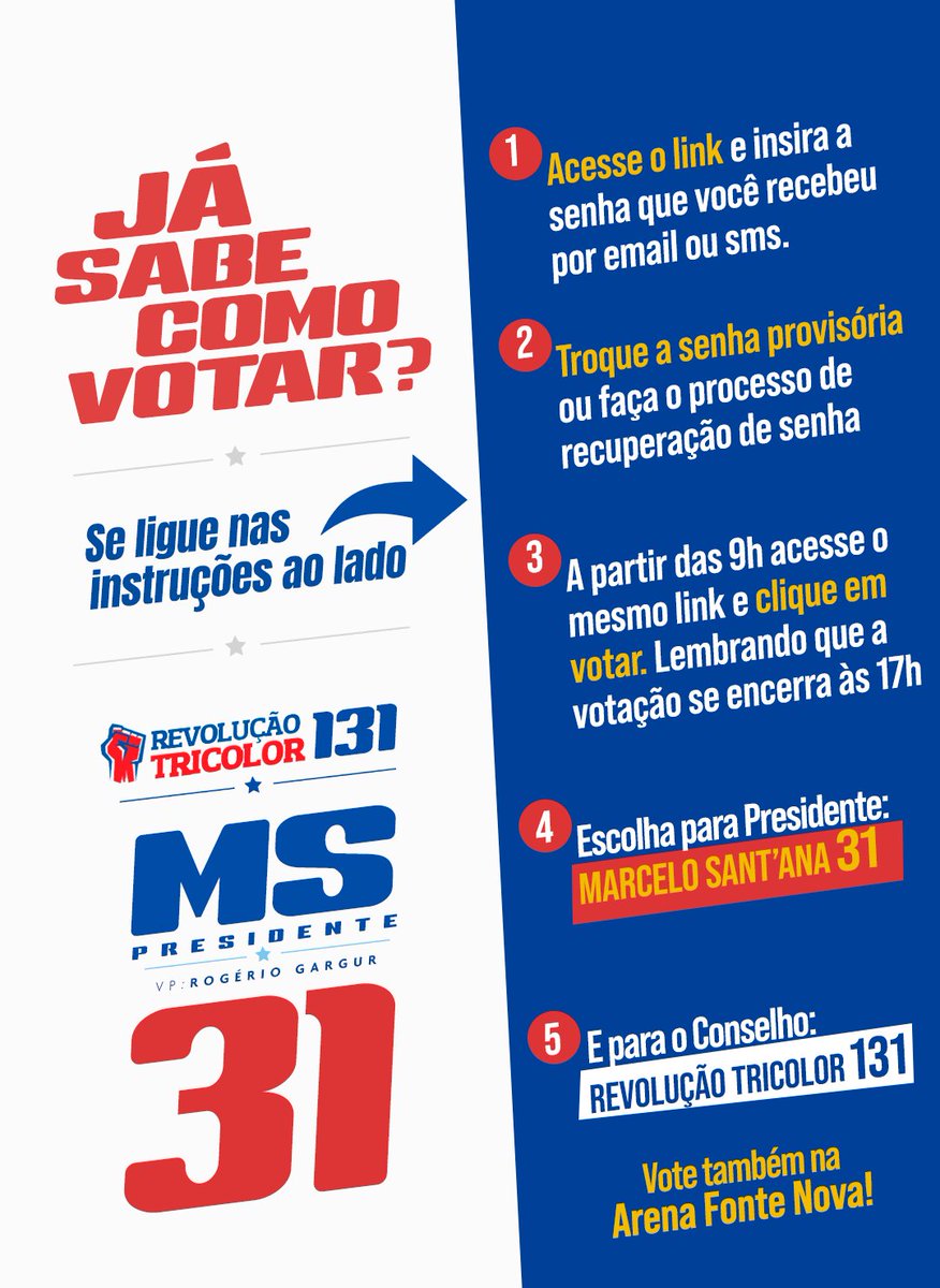 E aí, já sabe como votar? Siga as instruções e vote no certo! Para a DE, <a href="/omarcelosantana/">Маrcelo Sant'Ana</a> / <a href="/rogeriogargur/">Rogério Gargur</a> - 31 e para o CD, Revolução Tricolor - 131.
