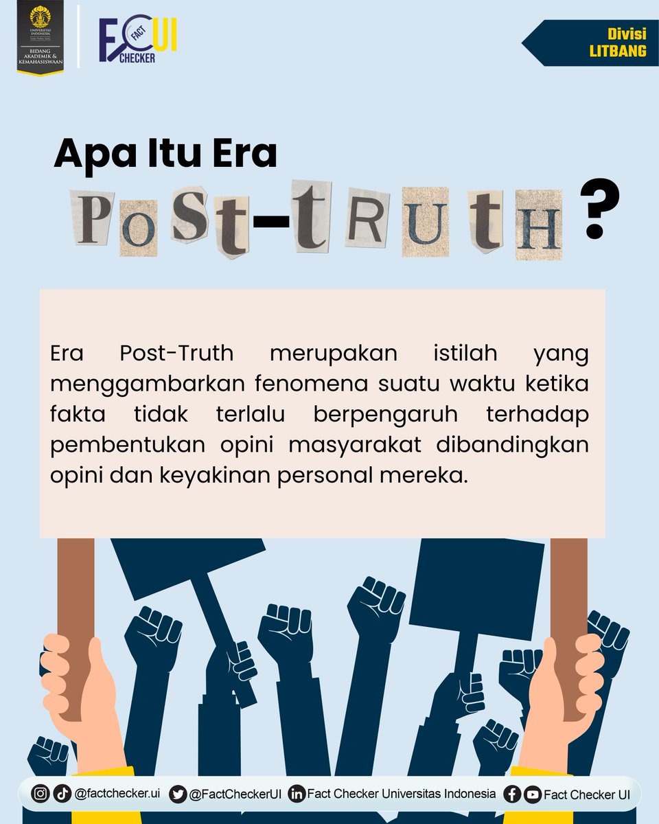 FactCheckerUI's tweet photo. [Era Post-Truth dan Tantangan bagi Pemeriksa Fakta]

Halo, Checkers! 👋

Di era post truth, fakta tidak lagi menjadi satu-satunya hal yang menentukan kebenaran. Emosi dan keyakinan pribadi justru menjadi faktor yang lebih berpengaruh dalam membentuk opini publik. https://t.co/B9leUvaWOr