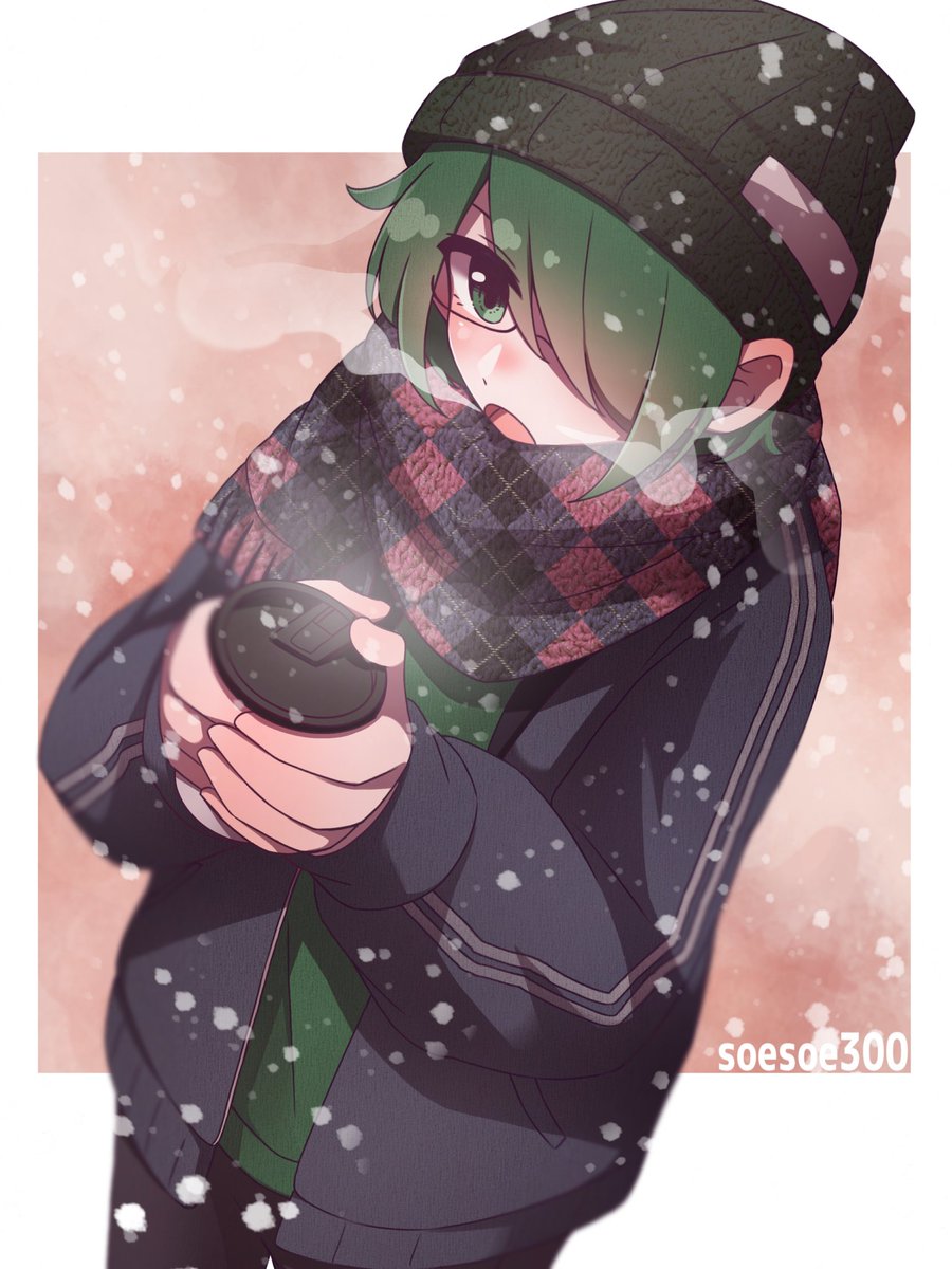 1girl green eyes scarf green hair solo hat hair over one eye  illustration images