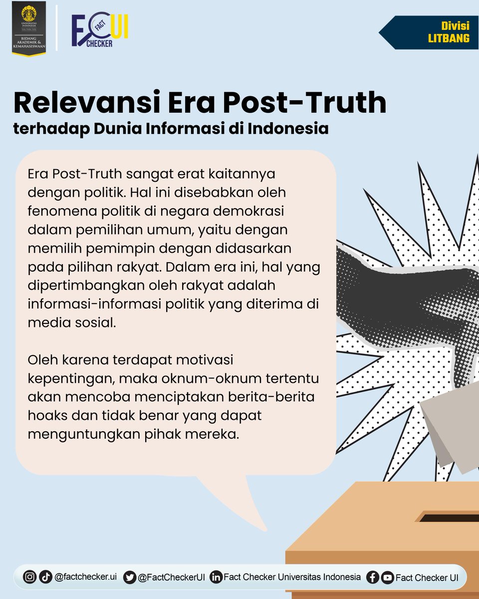 FactCheckerUI's tweet photo. Hal ini tentu saja menjadi tantangan tersendiri bagi pemeriksa fakta. Pemeriksa fakta bertugas untuk memverifikasi kebenaran informasi yang beredar di masyarakat. Namun, di era post truth, tugas ini menjadi semakin sulit. https://t.co/OnTizjIl2B