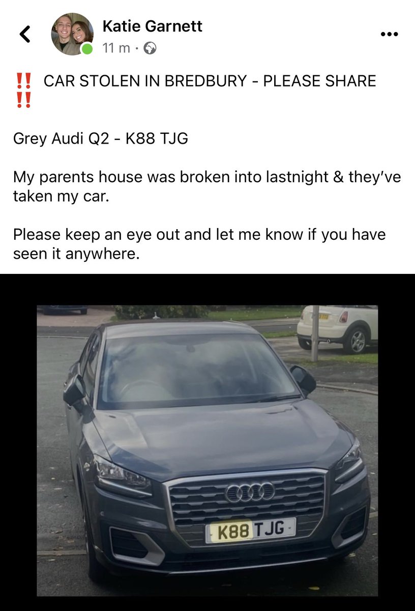 gemma_garnett's tweet photo. Please keep an eye out for my sisters car, stolen last night (1.12.23) from my parents drive in Bredbury, Stockport at 9.10pm 

They deactivated the ring doorbell and managed to break in the back door to get keys and other valuables. 

Please be vigilant and please share!! https://t.co/KRxlC1LutV