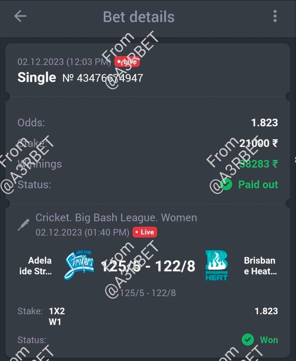 Cricket - Big Bash League Women

🏏 Adelaide W ML ✅
🔖 1.82
💵 21 Units

#GamblingTwitter #SportsBetting #TeamParieur #SportsBet #Betting #FreePicks #A3RBET #SportsBettor

#CricketTwitter #Cricket #WBBL #BigBashWomen #WBBL09 #AdelaideStrikers #Strikers #BrisbaneHeat

Like + RT