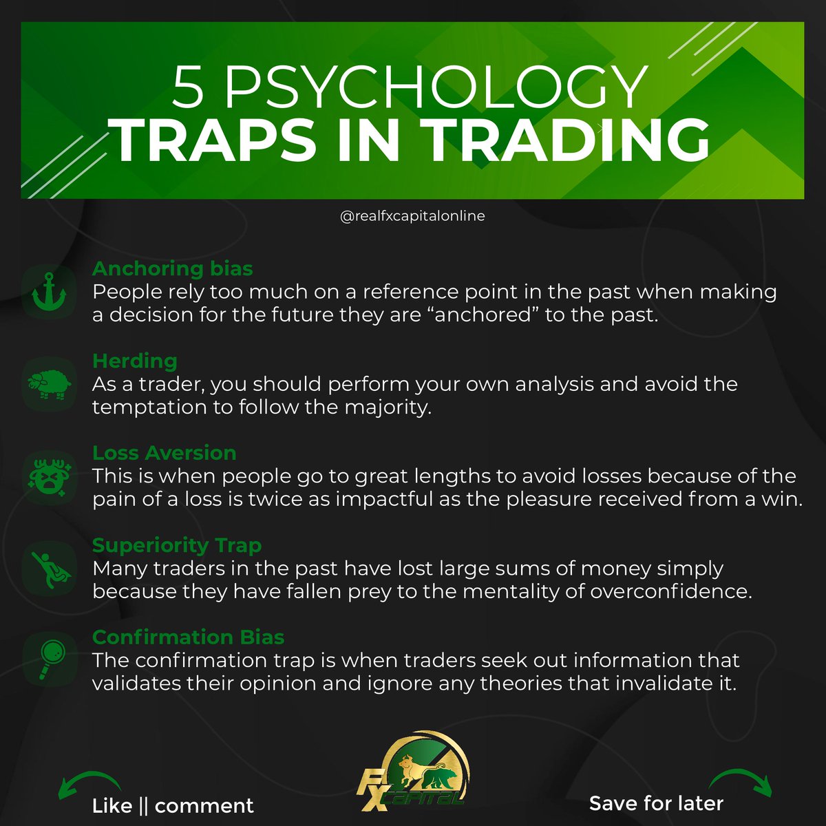 fxcapitalonline's tweet photo. Avoiding these psychology traps requires self-awareness, discipline, and the development of a solid trading plan that incorporates risk management strategies. 

Visit our store: 
https://t.co/GPFiy2kAQO https://t.co/XrNzkO56SY