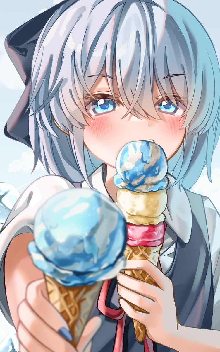 cirno 1girl ice cream food solo blue eyes blue hair ice cream cone  illustration images