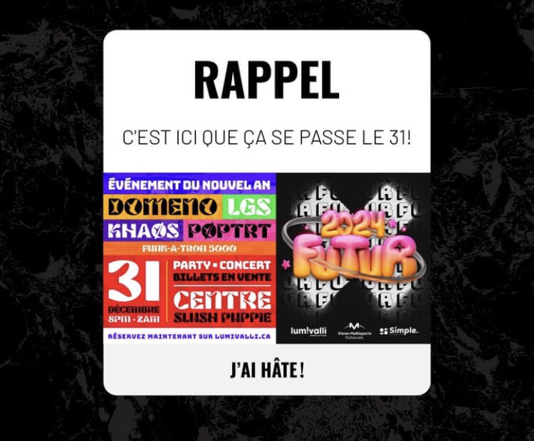 Il reste encore quelques places pour célébrer le Nouvel An au Centre Slush Puppie! 🤩 

Marquez votre calendrier, car le 31 décembre 2023, ce sera TOUT un party! 📆 

🎫 La prévente de billets se terminera le vendredi 8 décembre. Faites vite : bit.ly/3RbY5cE

Lumivalli