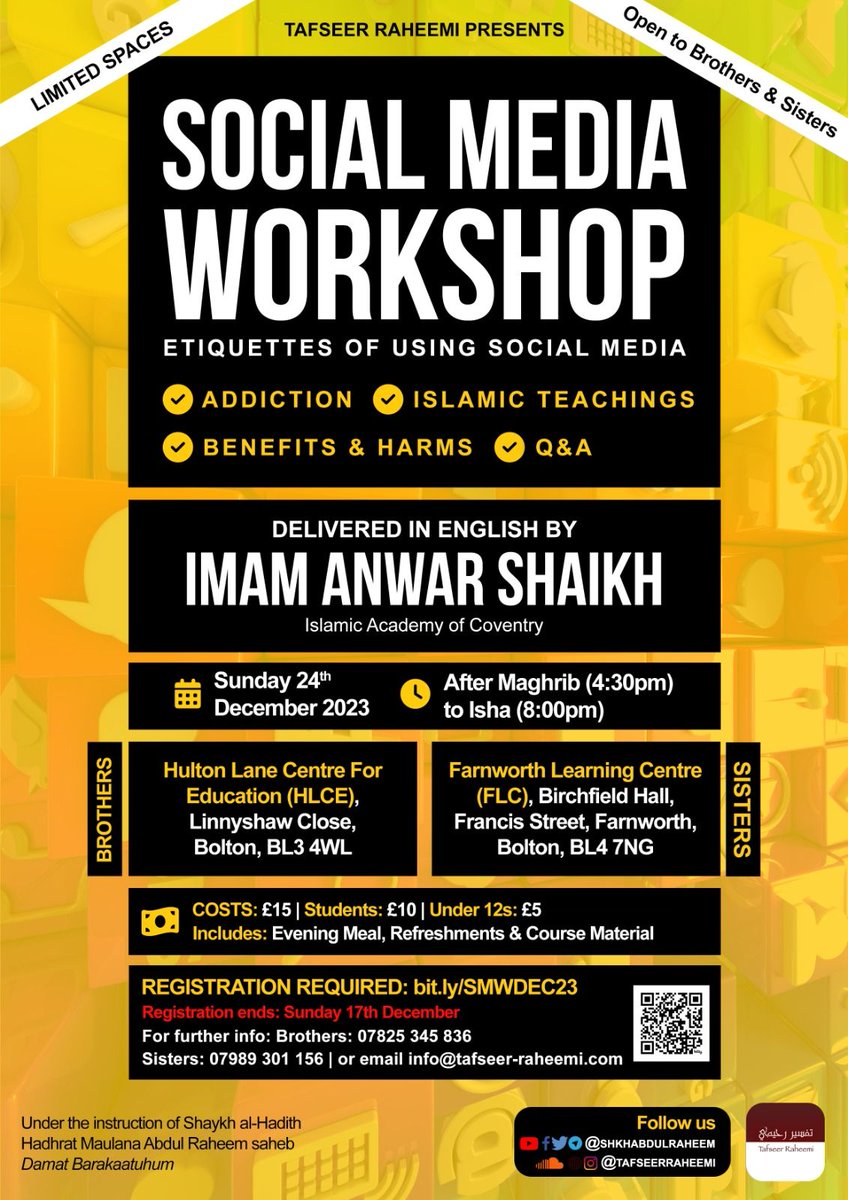 ShkhAbdulRaheem's tweet photo. Tafseer Raheemi Presents
SOCIAL MEDIA WORKSHOP

🔗 Registration Required, For More Details &amp; Registration:
https://t.co/usOuFMmylF

🗓 Date: Sunday 24th December 2023

🕖 Time: After Maghrib - Esha (4:30PM to 8PM)

LIMITED SPACES❗️

Registration Ends Sunday 17th December 2023 https://t.co/Nkr5iQTSFD