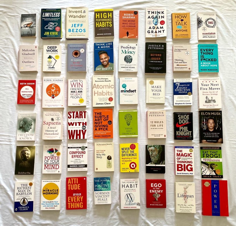 QCompounding's tweet photo. 48 Books everyone should read: 

- Man's Search For Meaning
- Limitless
- Invent & Wander
- High Performance Habits
- The Monk who Sold his Ferrari
- Think Again
- How to Talk to Anyone
- Essentialism
- Outliers
- Deep Work
- Think Like a Monk
- The Psychology of Money
- Beyond Order
- Thinking Fast and Slow
- Everything is F*cked
- All Marketers Tell Stories
- The 5 AM Club
- How to Win Friends & Influence People
- Atomic Habits
- Mindset
- Make Your Bed
- The 7 Habits of Highly Effective People
- Your Next Five Moves
- Freedom Known
- Sapiens
- Start With Why
- The Subtle Art of Not Giving a F*ck
- Think and Grow Rich
- 12 Rules for Life
- Shoe Dog
- Elon Musk
- Siddhartha
- The Power of your Subconscious Mind
- The Compound Effect
- Why We Sleep
- Never Split the Difference
- Marcus Aurelius
- The Magic of Thinking Big
- Eat That Frog!
- The Richest Man in Babylon
- The Miracle Morning
- Attitude
- The Power of Positive Thinking
- The Power of Habit
- Ego is the Enemy
- Lifespan
- The Laws of Power