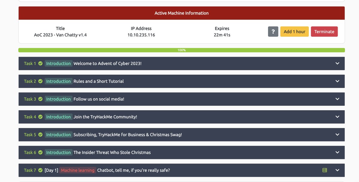 Advent of Cyber 2023 - Day 01: Completed ✅ I have learned new concepts in the field of AI and Cybersecurity such as: • Natural Language Processing (NLP) which powers modern AI. • Prompt Injection Attacks - untrusted input into a chatbot. • Methods to defend against it.