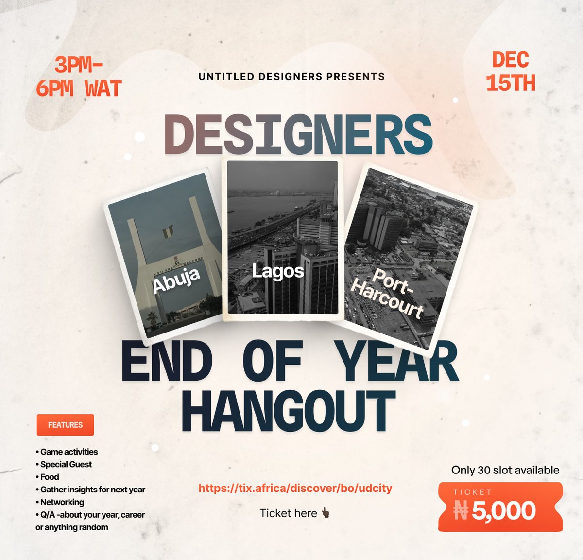 🌟 Exciting news, 

🎨 Join us for #DesignerWrapped UD End of year, on December 15th, 2023, across Lagos, Port Harcourt, and Abuja. 

🚀 Engage in insightful discussions, design therapy, interactive workshops, and networking.

Reserve your spot now!👇 

#DesignEvent #YearEnd #udc