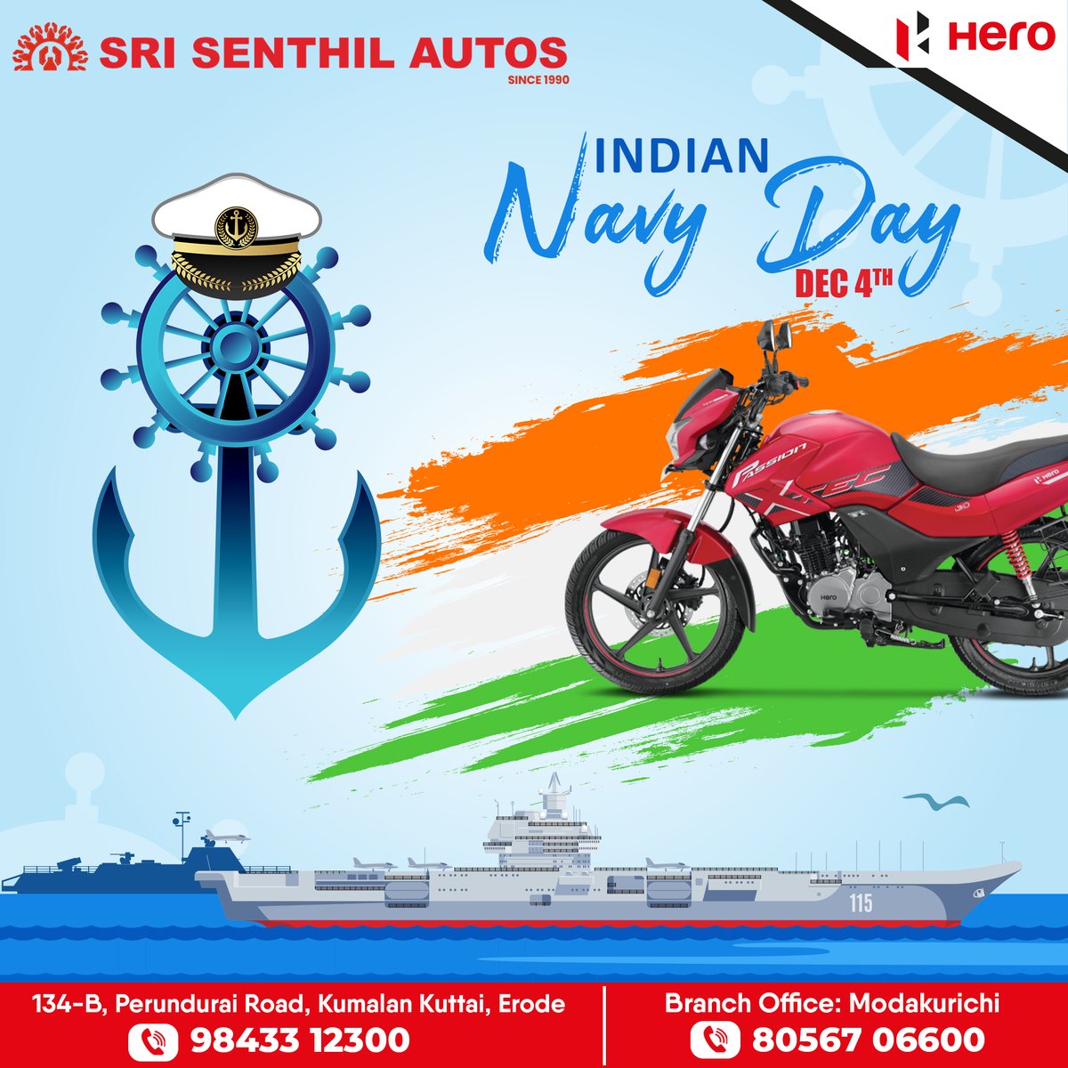 Indian Navy Day always reminds us of all our heroes who stand strong to keep us safe.

#navyday #indiannavyday #indiannavy #navy #indianarmy #navylife #indiannavyship #indiannavypride #indiannavylovers #indiannavymarcos #india #happyindiannavyday #motorcycle #srisenthilautos