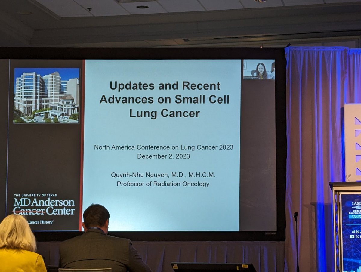 Dr. Quynh-Nhu Nguyen speaking on #sclc updates #NACLC23 and ongoing NRG studies on immunotherapy +/- consolidative RT and SWOG study on MRI surveillance vs. prophylactic cranial RT.