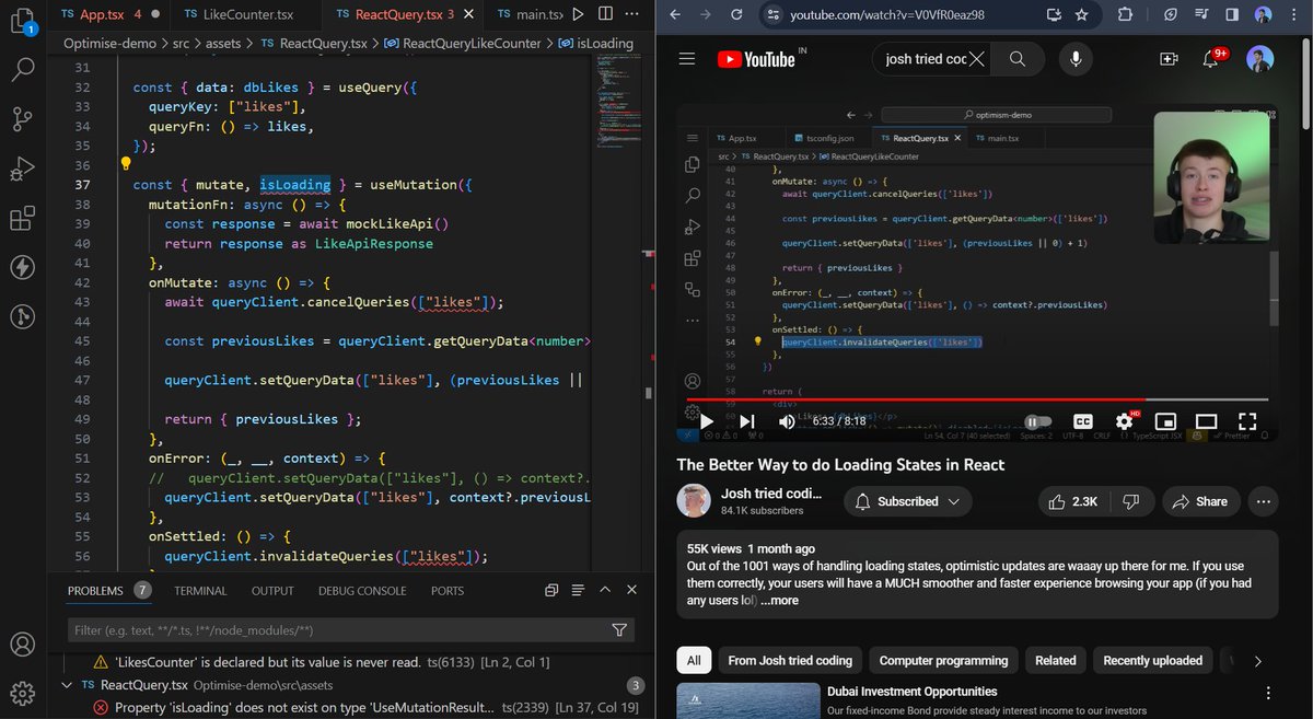qzseeker's tweet image. Day 75 of #100DaysOfCode
I tried two methods for loading states in React: hooks and React Query. Both worked, but React Query was more elegant and seamless. However, I'm running into some errors with React Query. 🥲
#React #ReactQuery #LoadingStates