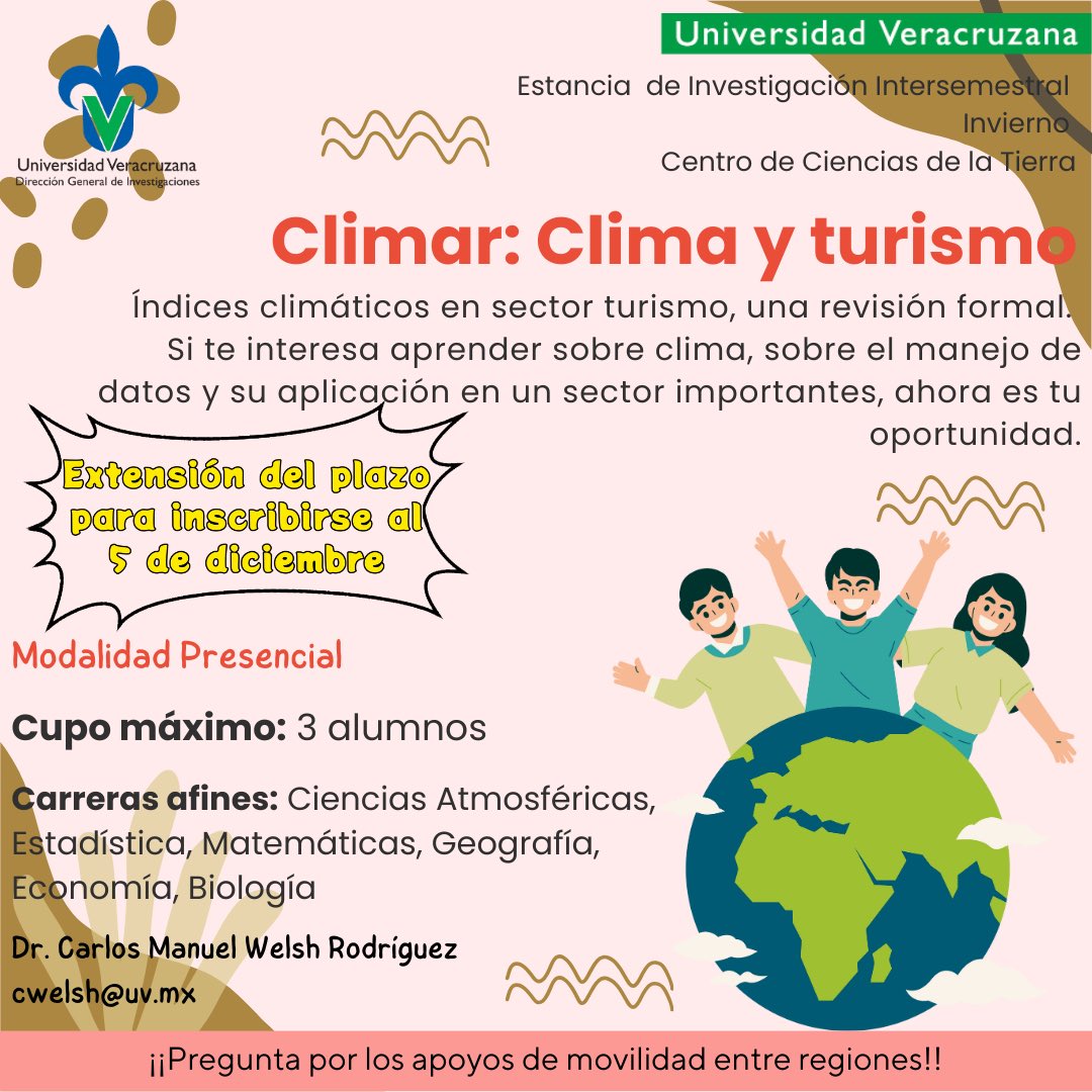 Participa en la #EstanciaIntersemestral de investigación en la Universidad Veracruzana 🚀
Conoce los proyectos, trabaja con los investigadores y obtén 6 créditos AFEL 🎓 con beca para movilidad 
Inscríbete hasta el 5 de diciembre uv.mx/investigacion/…. 📧
#InvestigaciónUV #DGI