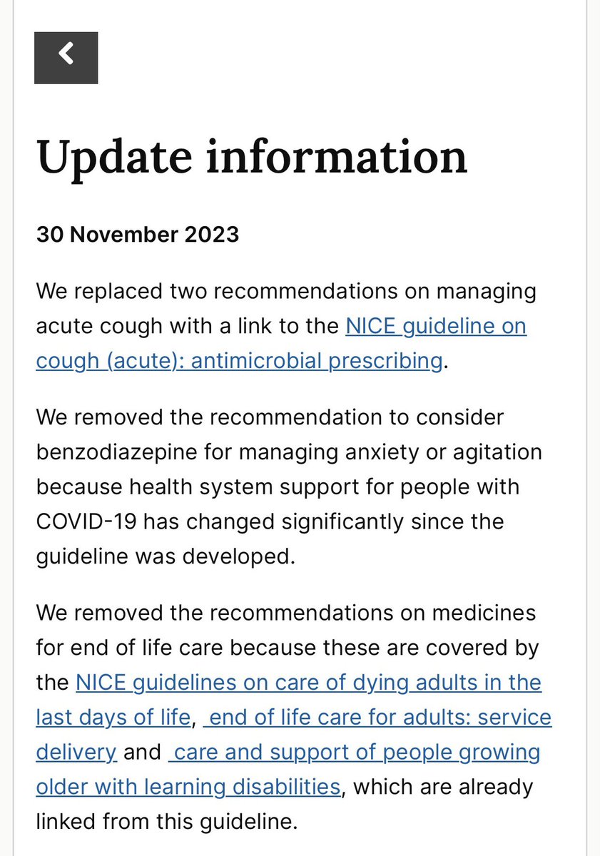 JacquiDeevoy1's tweet photo. BREAKING NEWS…

Doing some research for an article I’m writing for The Light, I opened up NICE guideline NG191 (which was what NG163 was retitled in March 2021), only to discover it’s been updated TWO DAYS ago.

The update states that recommendations that benzodiazepines (including Midazolam) and other meds should be administered for respiratory issues/anxiety and agitation have now been removed. 

They’ve also removed the recommendations for medicines for end of life care.

See the update here:

https://t.co/oRuBK6FF3D

This update was made 24 hours after a very important email was sent to a certain MP (with many more MPs copied in) by from one of my group members (with 30 other members copied in). 

This person is taking legal action. He’s being assisted by several experts. He’s not the only person involved in legal action. Once we have at least one precedent, the floodgates will open. 

This is MASSIVE!

The truth is finally coming out and those accountable will be held to account. 

@ng16322 @MaajidNawaz @davidicke @ABridgen #nhs #NG163 @covidinquiryuk @BorisJohnson