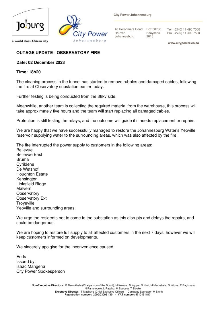 CityPowerJhb's tweet photo. #JoburgUpdates #InnerCitySDC
#ObservatoryFire
Please kindly find the latest update below ๐. ^ZD https://t.co/jLWLSrbqWl