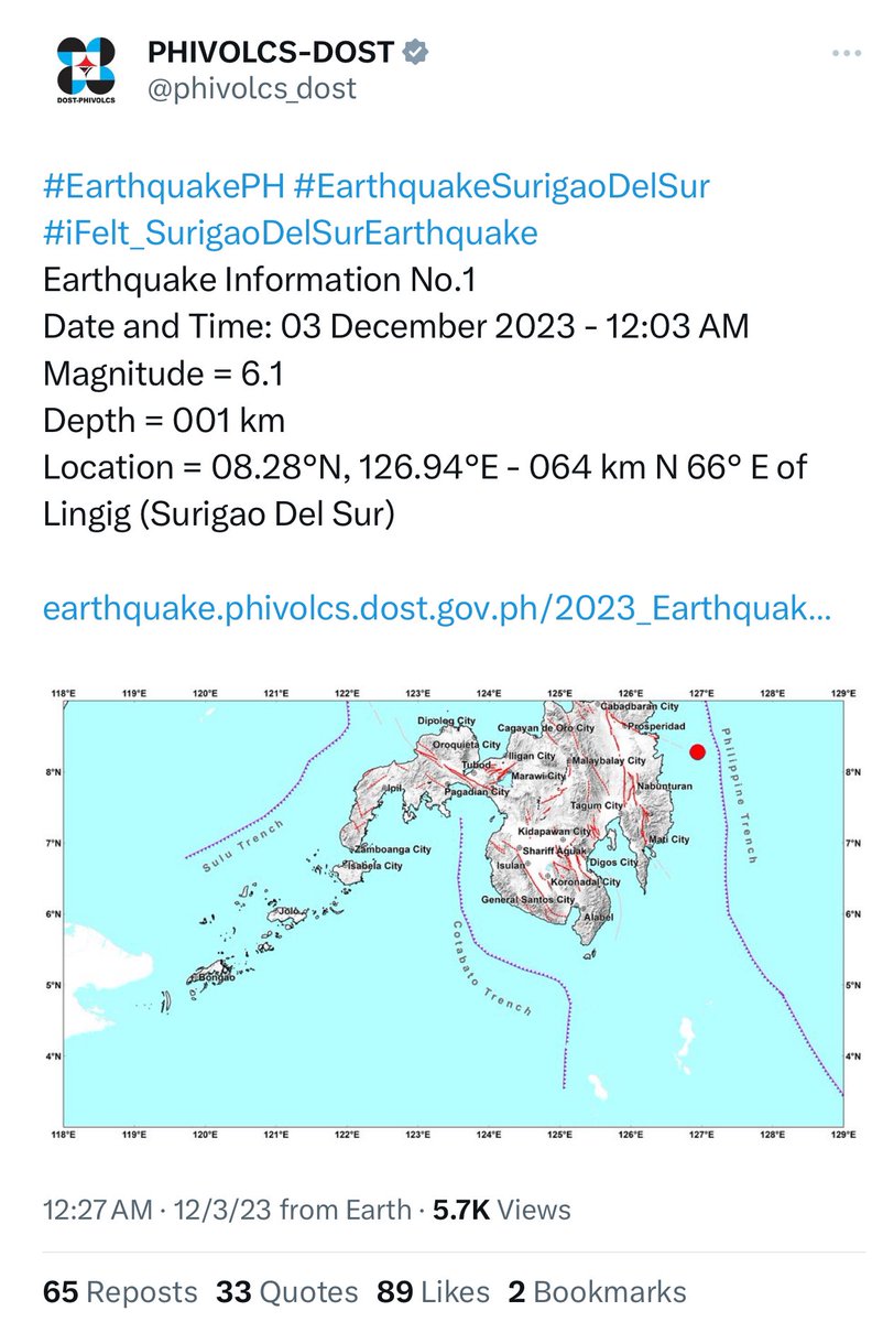 arielrojasPH's tweet image. 2 major aftershocks at magnitude 6.1 at 12:03 am and M5.1  at 12:19 am offshore southern Surigao del Sur. #EarthquakePH #linog