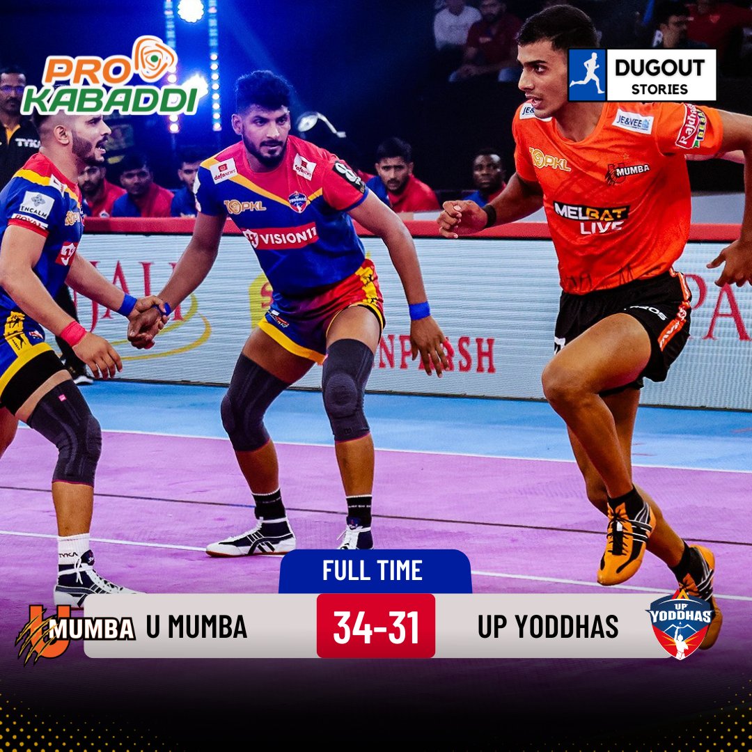 DugoutStories's tweet image. 🚨FT | MUM 34-31 UP 🔥

#AmirmohammadZafardanesh bags a Super 10 in his debut match as U Mumba secure victory✅ against UP Yoddhas in their opening match of #PKLSeason10. 💪 💥

#Mumboys | #UMumba | #UPYoddhas | #ProKabaddi2024 | #ProKabaddi | #PKL10 | #PKL @ProKabaddi
